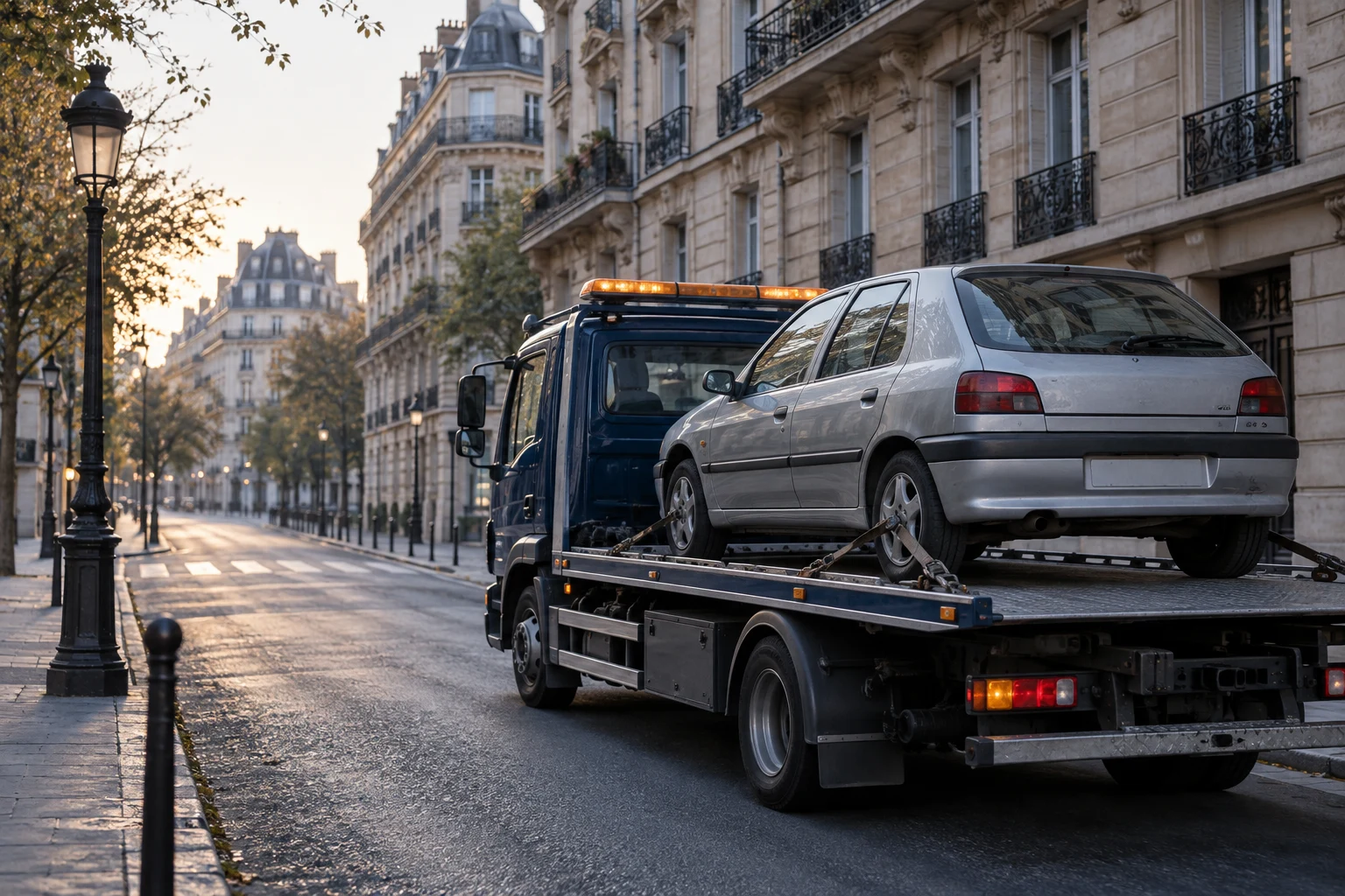 Illustration d’un épaviste enlevant une épave de voiture sur une dépanneuse à Paris